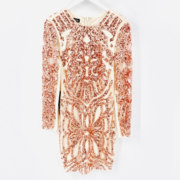 BEBE Sequin Scroll Mesh Rose Gold Bodycon Structured Dress Size M - Picture 16 of 16